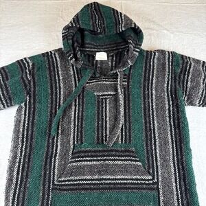 Delmex Baja Hoodie Size M Gray Green Mexican Poncho Thick Warm Skater Pullover